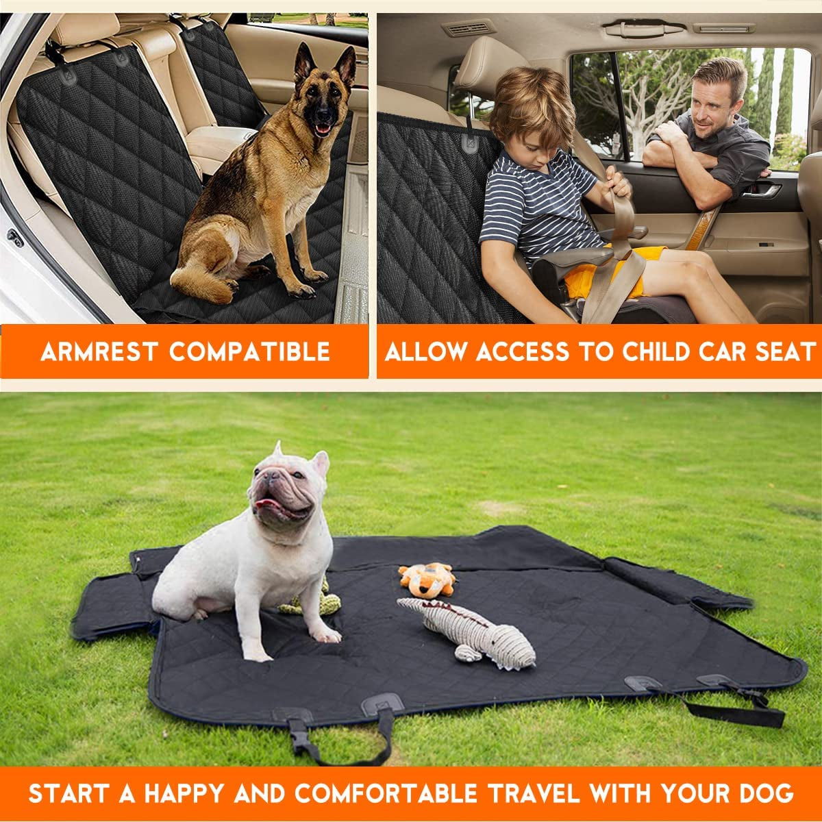 Dog Car Seat Cover, Back Seat Cover  for Dogs Pet Car Seat Protector Waterproof Bench Car Seat Cover, Non-Slip Reat Seat Cover Fits Middle Armrest for Most Cars Trucks Suvs - Black